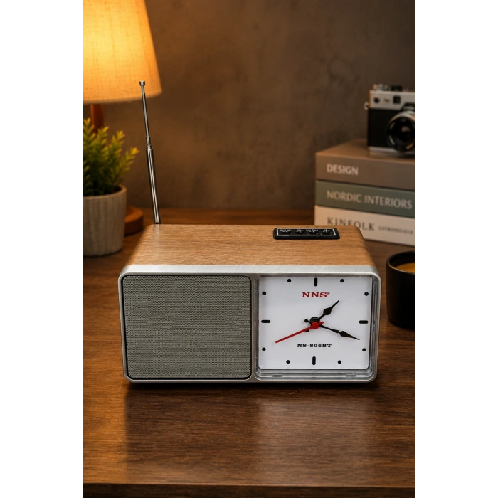 NNS NS-805BT Kahverengi Nostaljik Retro Radyo - Bluetooth Hoparlörlü, Saatli ve Şarjlı Masa Radyosu