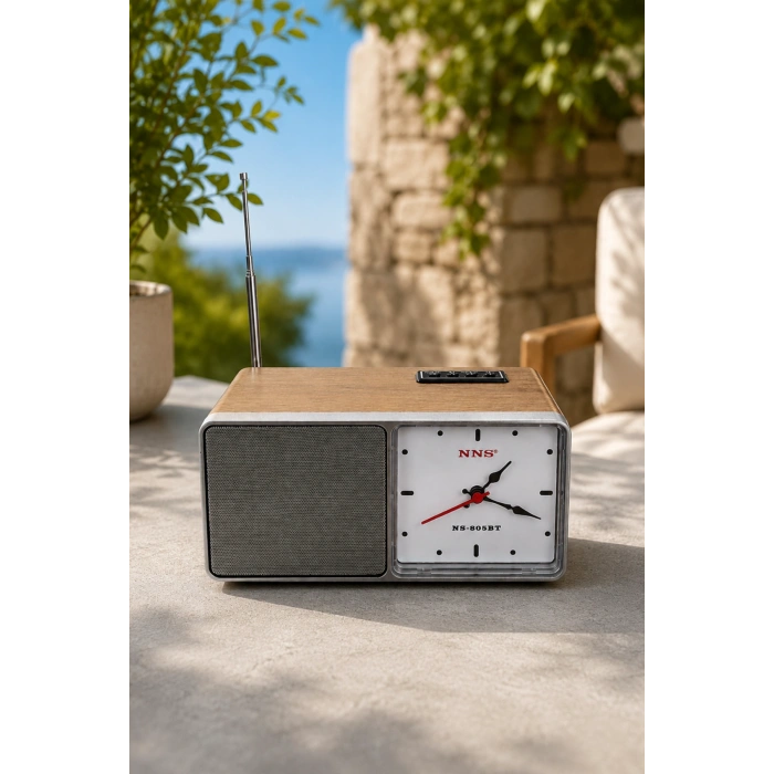 NNS NS-805BT Kahverengi Nostaljik Retro Radyo - Bluetooth Hoparlörlü, Saatli ve Şarjlı Masa Radyosu