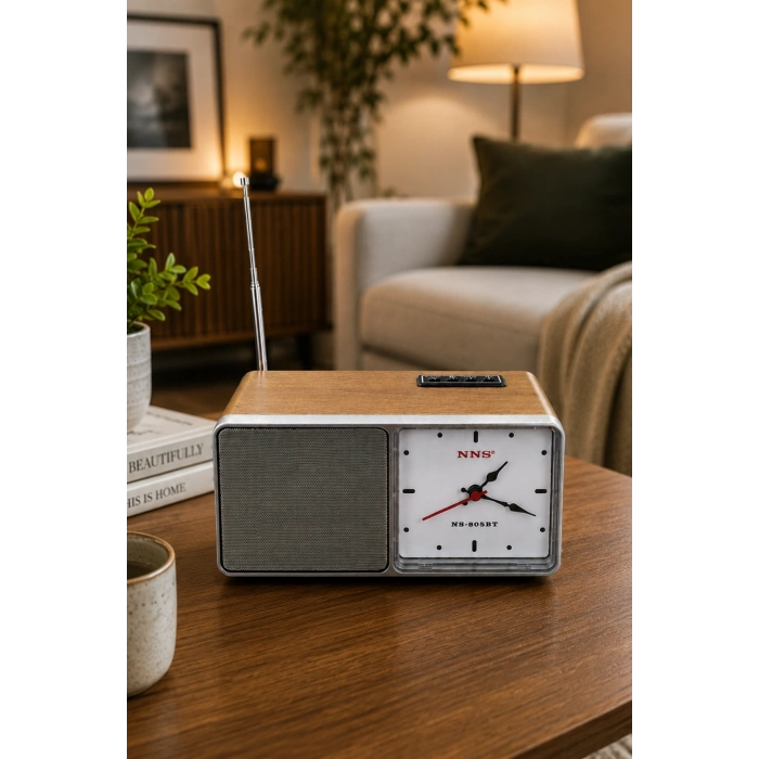 NNS NS-805BT Kahverengi Nostaljik Retro Radyo - Bluetooth Hoparlörlü, Saatli ve Şarjlı Masa Radyosu