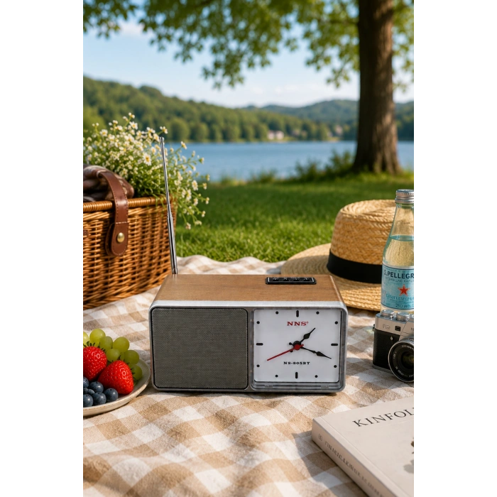 NNS NS-805BT Kahverengi Nostaljik Retro Radyo - Bluetooth Hoparlörlü, Saatli ve Şarjlı Masa Radyosu