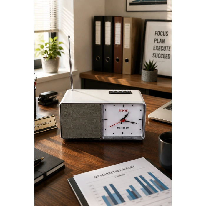 NNS NS-805BT Gri Nostaljik Retro Radyo - Bluetooth Hoparlörlü, Saatli ve Şarjlı Masa Radyosu