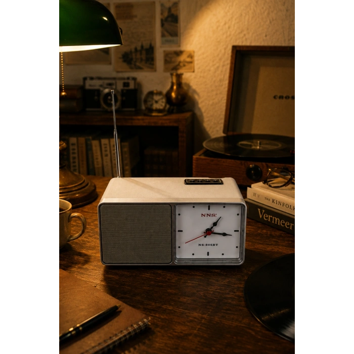 NNS NS-805BT Gri Nostaljik Retro Radyo - Bluetooth Hoparlörlü, Saatli ve Şarjlı Masa Radyosu