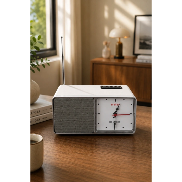 NNS NS-805BT Gri Nostaljik Retro Radyo - Bluetooth Hoparlörlü, Saatli ve Şarjlı Masa Radyosu
