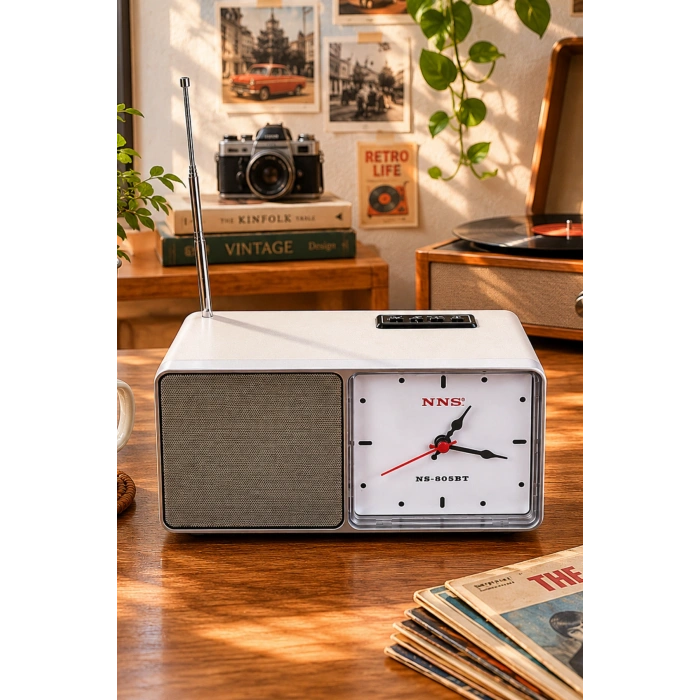 NNS NS-805BT Gri Nostaljik Retro Radyo - Bluetooth Hoparlörlü, Saatli ve Şarjlı Masa Radyosu