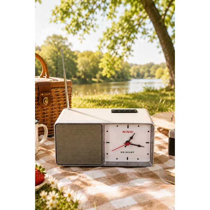 NNS NS-805BT Gri Nostaljik Retro Radyo - Bluetooth Hoparlörlü, Saatli ve Şarjlı Masa Radyosu
