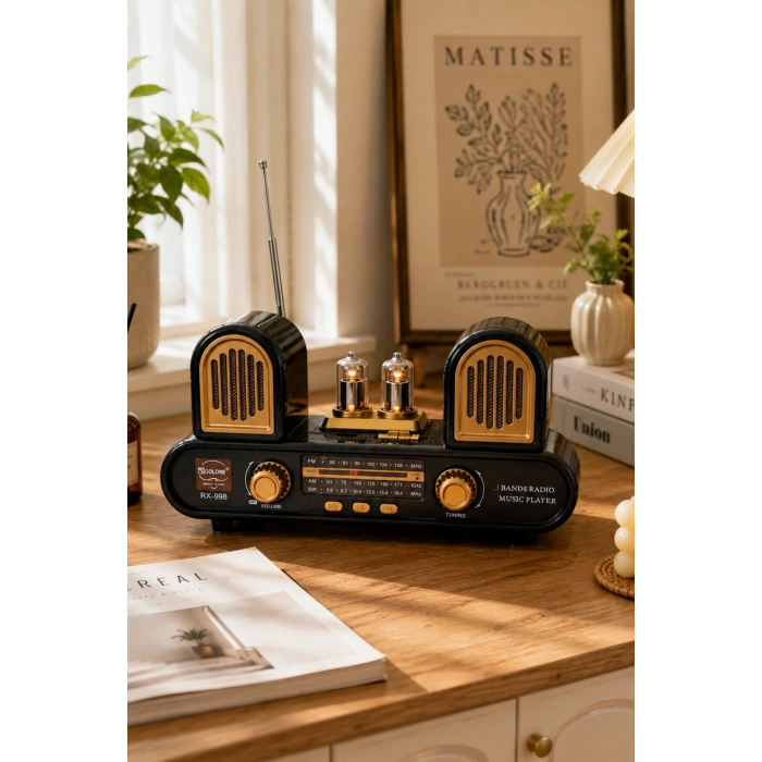 Golon RX-998 Siyah Nostaljik Şarjlı Radyo Bluetooth Hoparlör USB TF Kart FM/AM/SW 3 Bantlı