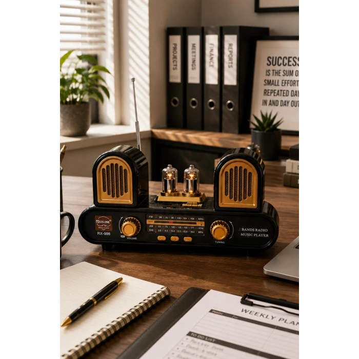 Golon RX-998 Siyah Nostaljik Şarjlı Radyo Bluetooth Hoparlör USB TF Kart FM/AM/SW 3 Bantlı