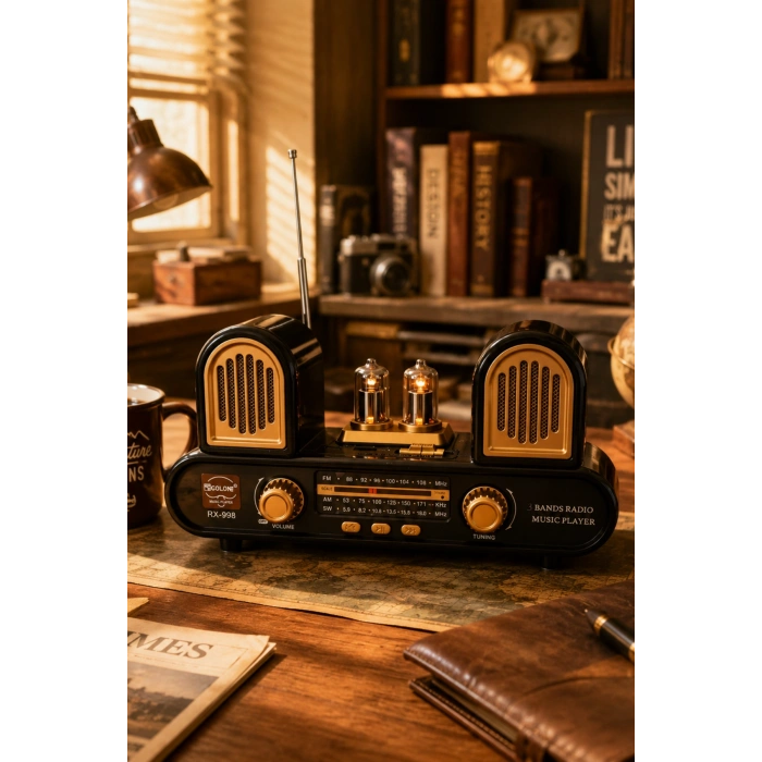 Golon RX-998 Siyah Nostaljik Şarjlı Radyo Bluetooth Hoparlör USB TF Kart FM/AM/SW 3 Bantlı