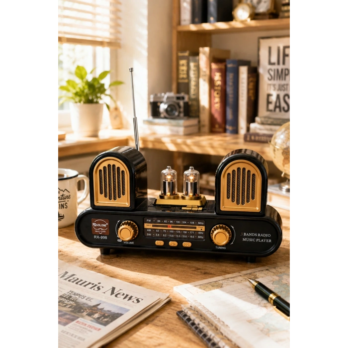 Golon RX-998 Siyah Nostaljik Şarjlı Radyo Bluetooth Hoparlör USB TF Kart FM/AM/SW 3 Bantlı