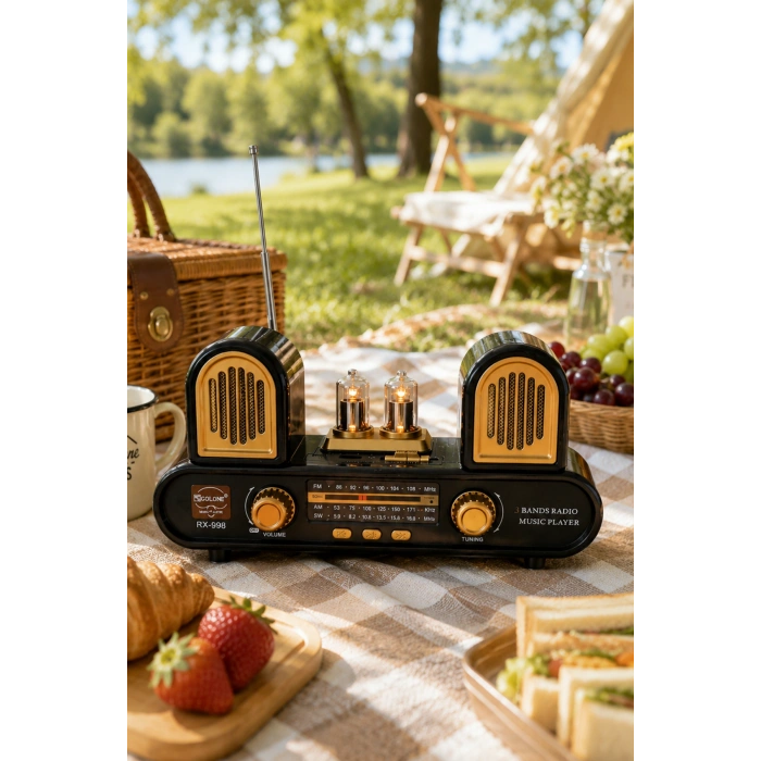 Golon RX-998 Siyah Nostaljik Şarjlı Radyo Bluetooth Hoparlör USB TF Kart FM/AM/SW 3 Bantlı