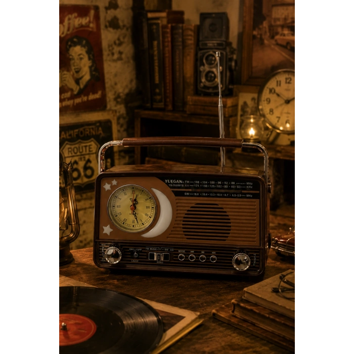 Yuegan YG-7030BTS Güneş Enerjili Solar Nostaljik Radyo El Fenerli, USB/TF Kart Girişli Hoparlör ve Saatli Radyo