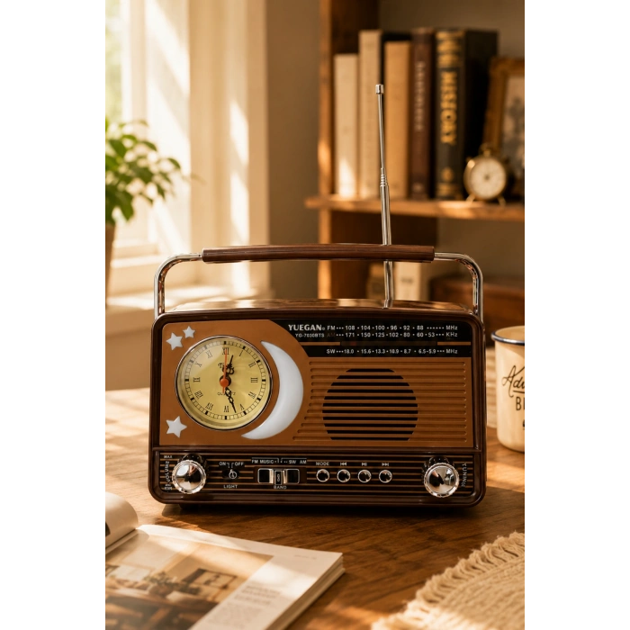 Yuegan YG-7030BTS Güneş Enerjili Solar Nostaljik Radyo El Fenerli, USB/TF Kart Girişli Hoparlör ve Saatli Radyo