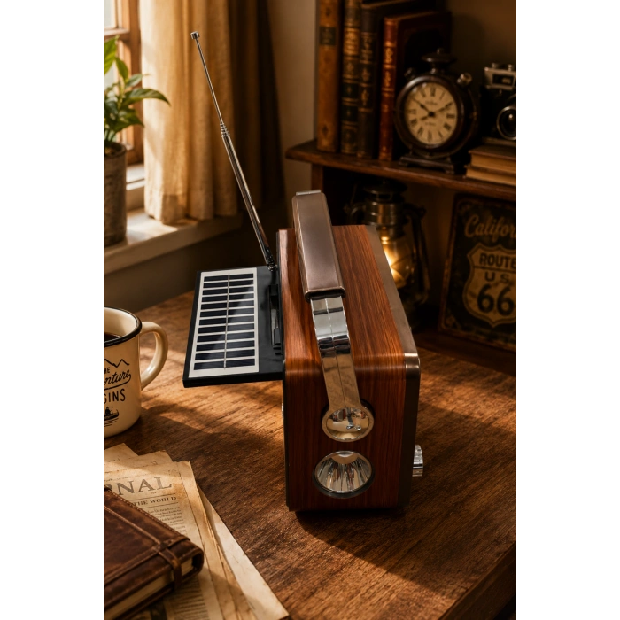 Yuegan YG-7030BTS Güneş Enerjili Solar Nostaljik Radyo El Fenerli, USB/TF Kart Girişli Hoparlör ve Saatli Radyo