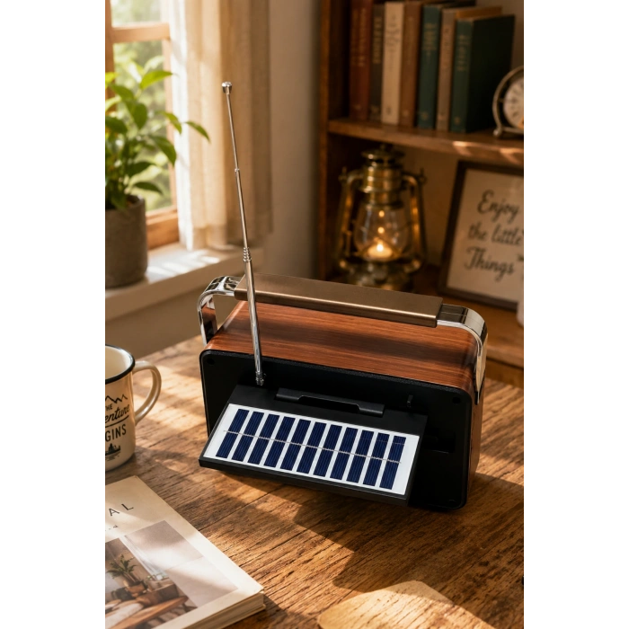 Yuegan YG-7030BTS Güneş Enerjili Solar Nostaljik Radyo El Fenerli, USB/TF Kart Girişli Hoparlör ve Saatli Radyo