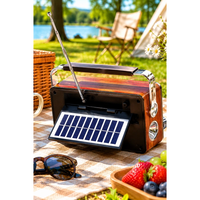 Yuegan YG-7030BTS Güneş Enerjili Solar Nostaljik Radyo El Fenerli, USB/TF Kart Girişli Hoparlör ve Saatli Radyo