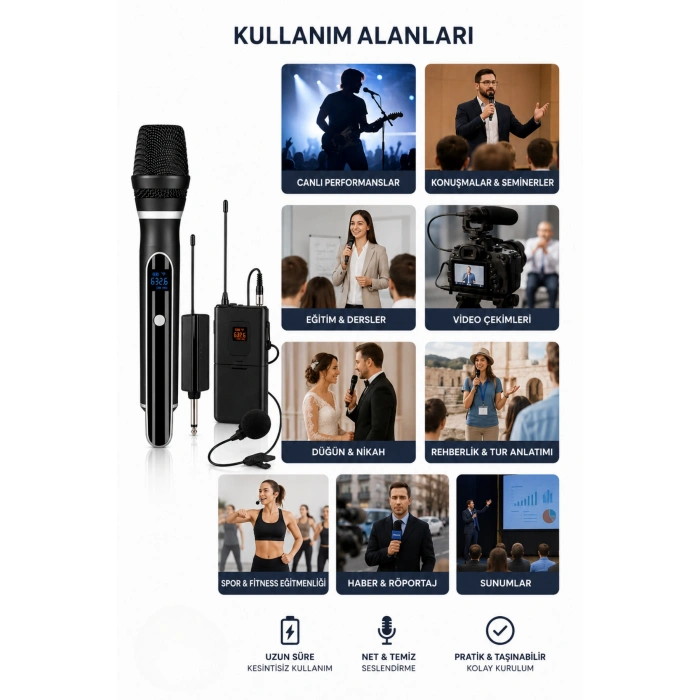 Glr Wn-07 Profesyonel 3 lü Kablosuz Mikrofon Sistemi UHF Yaka ve El Mikrofonlu