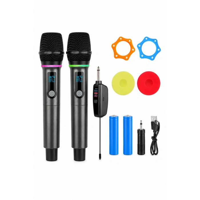 Jrl WN-08 Çift El Tipi Kablosuz UHF Mikrofon Seti - Şarj Edilebilir Karaoke Ve Sahne Mikrofonu