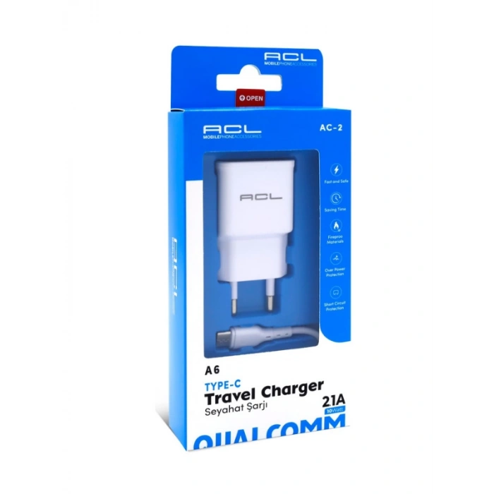 Acl A6 10W 2.1A Type-C Kablolu Beyaz Ev Şarj Adaptörü