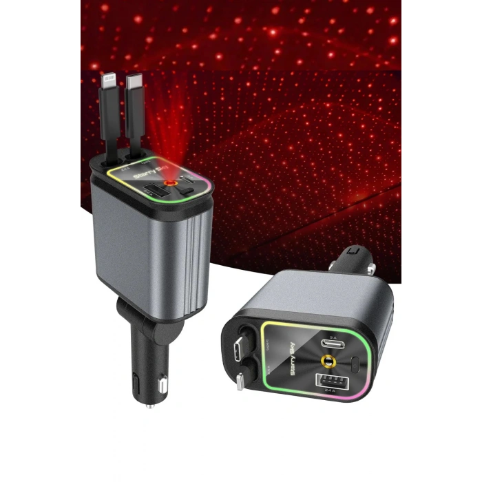 ACL ACC-01 RGB Işıklı 66W Araç Şarj Cihazı | 4in1 Geri Çekilebilir Kablo | Type-C + Lightning | Yıldızlı Tavan Efekti