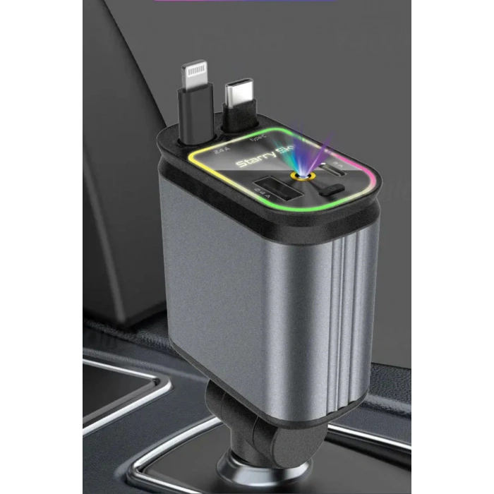 ACL ACC-01 RGB Işıklı 66W Araç Şarj Cihazı | 4in1 Geri Çekilebilir Kablo | Type-C + Lightning | Yıldızlı Tavan Efekti