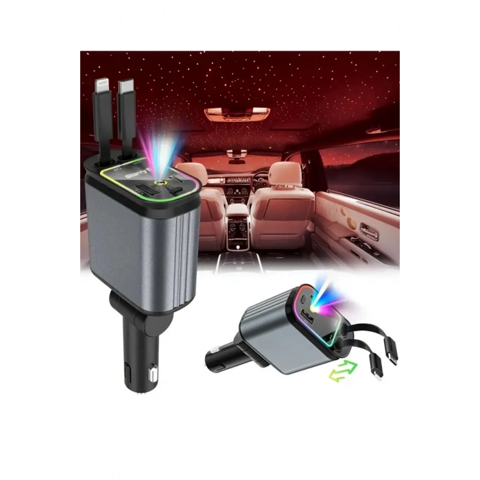 ACL ACC-01 RGB Işıklı 66W Araç Şarj Cihazı | 4in1 Geri Çekilebilir Kablo | Type-C + Lightning | Yıldızlı Tavan Efekti