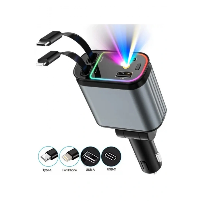 ACL ACC-01 RGB Işıklı 66W Araç Şarj Cihazı | 4in1 Geri Çekilebilir Kablo | Type-C + Lightning | Yıldızlı Tavan Efekti