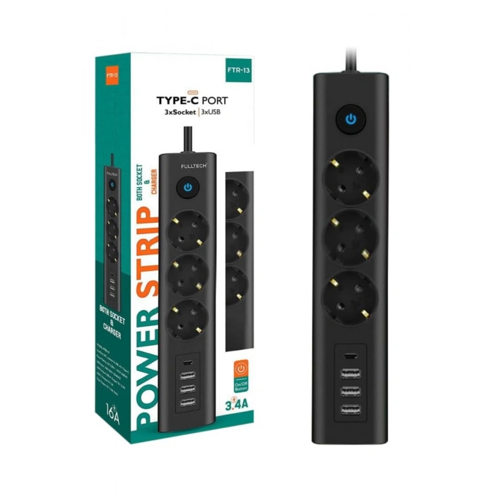 Fulltech Ftr-13 Akım Korumalı Priz 3lü Priz  3x USB Girişi  1x TYPE-C Girişi 2mt Kablo Grup Priz