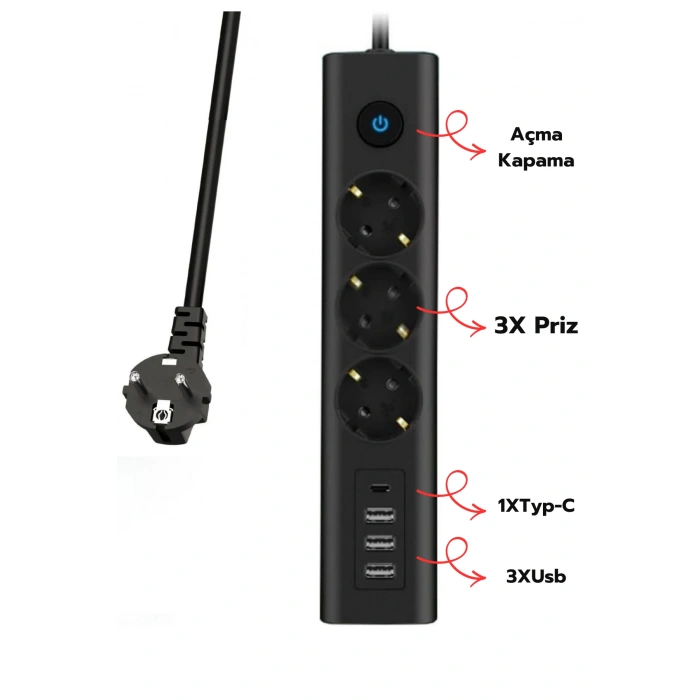 Fulltech Ftr-13 Akım Korumalı Priz 3lü Priz  3x USB Girişi  1x TYPE-C Girişi 2mt Kablo Grup Priz