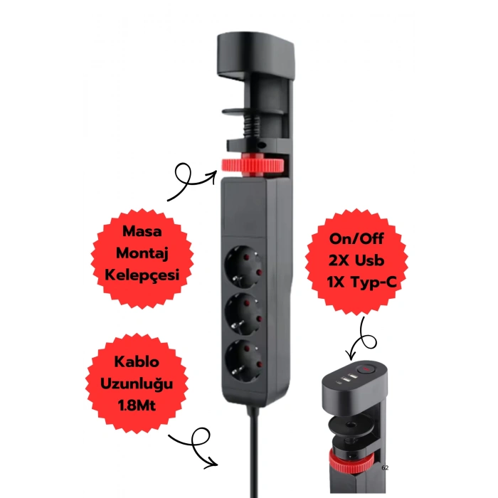 Fulltech Ftr-19 USB Çoklu Priz 3 Prizli + 3 USB Çıkışlı | PD 20W Hızlı Şarj 16A Akım Koruma 1.8M Kablo Masa Kenarı Montajlı