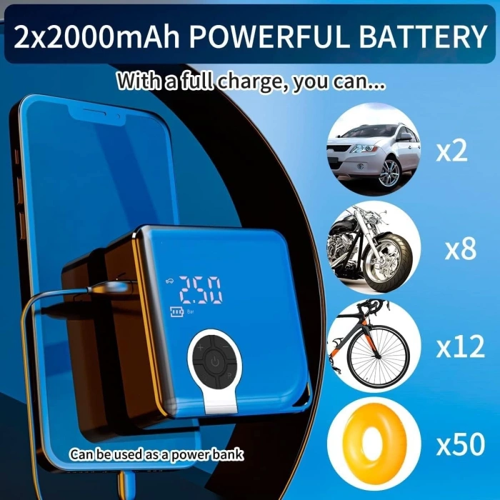 Auhma A5544 Dijital Ekranlı Kompresörlü Hava Pompası | 4000mAh Powerbank | LCD Ekran, LED Işık, Hızlı Şarj Özellikli