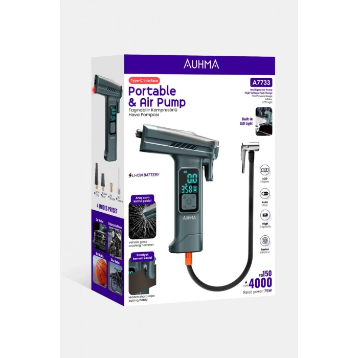 Auhma A7733 Taşınabilir Kompresörlü Hava Pompası 4000mAh|150 PSI | Dijital LCD Ekranlı
