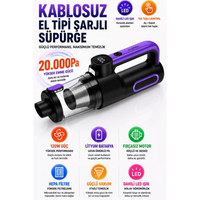Auhma AHV-43 Şarjlı El Süpürgesi - 20.000 Pa Yüksek Emiş Gücü, 120W