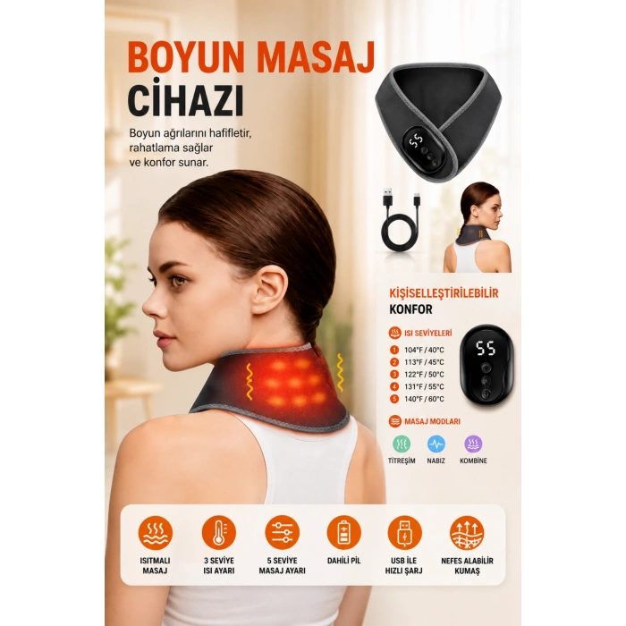 Auhma AMG41 Isı Teknolojili Boyun Masaj Aleti Terapi 5 Kademeli Termal Sıcak Kompres Kablosuz Masaj Cihazı