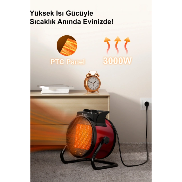 Auhma AT1H Yeşil 3000W PTC Elektrikli Isıtıcı Fan Termostatlı ve Güvenli Isıtma