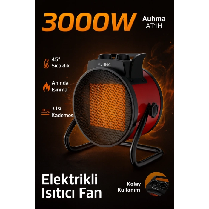 Auhma AT1H Yeşil 3000W PTC Elektrikli Isıtıcı Fan Termostatlı ve Güvenli Isıtma