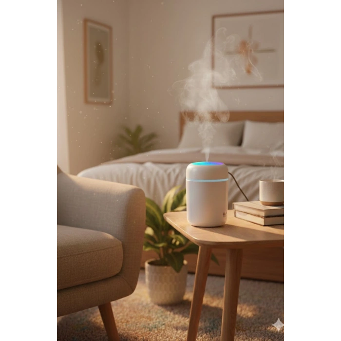 Beyaz H2O USB Renkli Mini Hava Nemlendirici | LED Işıklı | 350ml Taşınabilir Oda ve Ofis Difüzörü