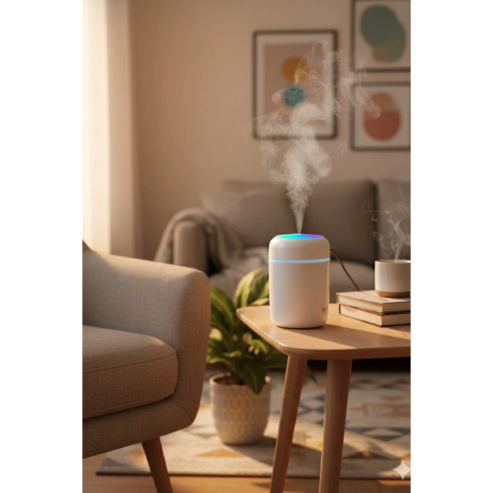 Beyaz H2O USB Renkli Mini Hava Nemlendirici | LED Işıklı | 350ml Taşınabilir Oda ve Ofis Difüzörü
