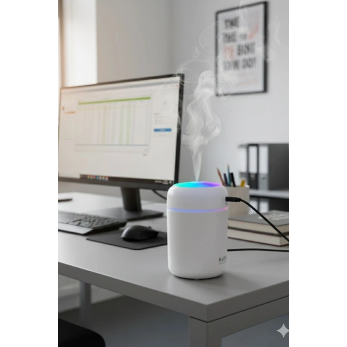 Beyaz H2O USB Renkli Mini Hava Nemlendirici | LED Işıklı | 350ml Taşınabilir Oda ve Ofis Difüzörü
