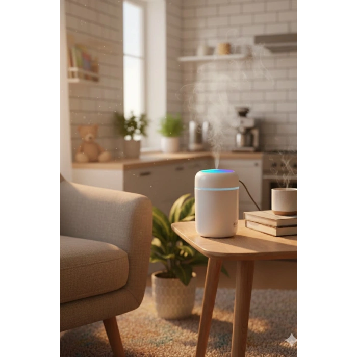 Beyaz H2O USB Renkli Mini Hava Nemlendirici | LED Işıklı | 350ml Taşınabilir Oda ve Ofis Difüzörü