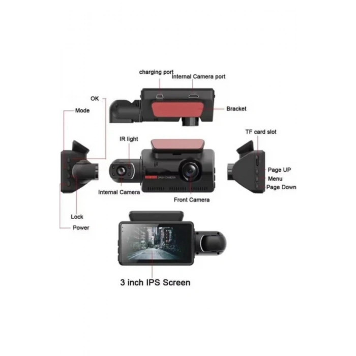 Blackbird A68 Çift Lensli Full HD 1080P Araç İçi Kamera  170 Geniş Açı, G-Sensör, 3 LCD, Döngü Kayıt