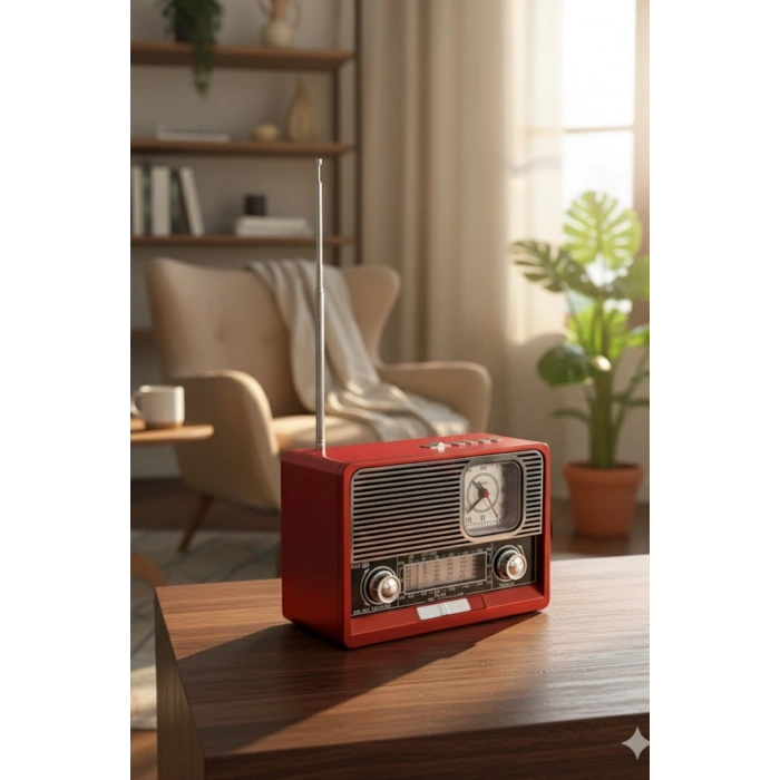 KBroad Ktf-1647 Kırmızı Nostaljik Ahşap Görünümlü FM Radyo | USB/TF Kart MP3 El Feneri