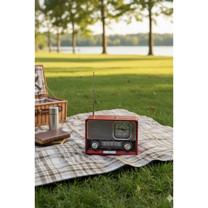 KBroad Ktf-1647 Kırmızı Nostaljik Ahşap Görünümlü FM Radyo | USB/TF Kart MP3 El Feneri