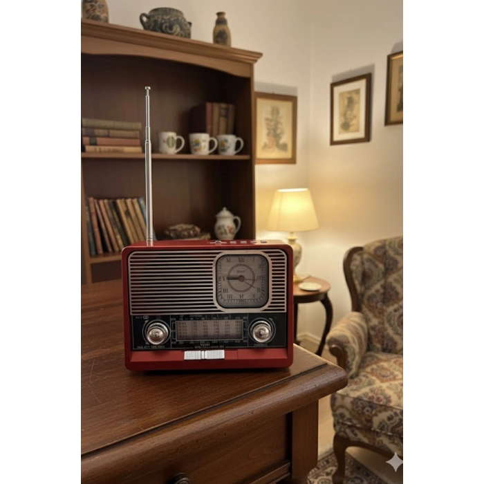 KBroad Ktf-1647 Kırmızı Nostaljik Ahşap Görünümlü FM Radyo | USB/TF Kart MP3 El Feneri