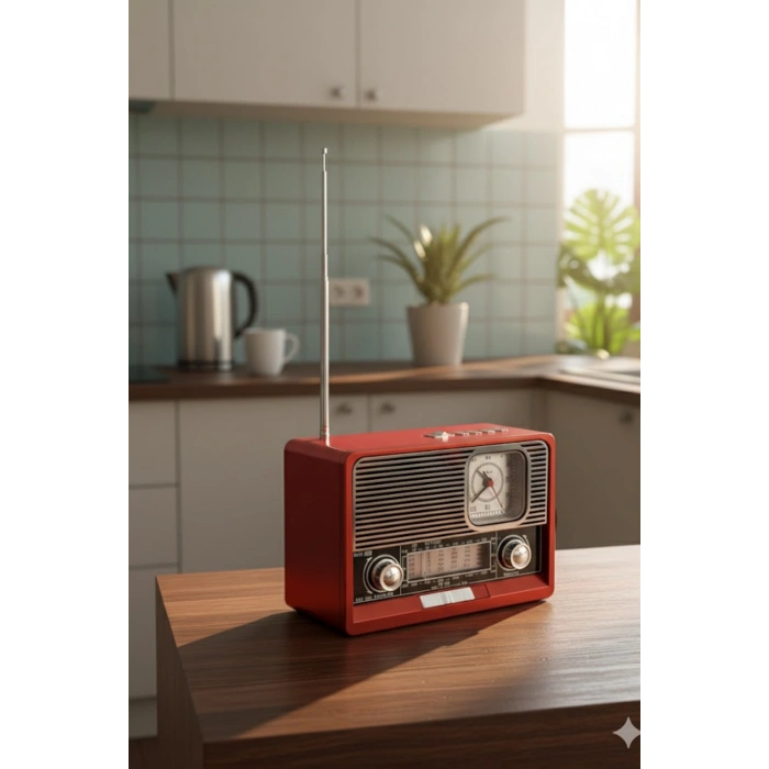 KBroad Ktf-1647 Kırmızı Nostaljik Ahşap Görünümlü FM Radyo | USB/TF Kart MP3 El Feneri