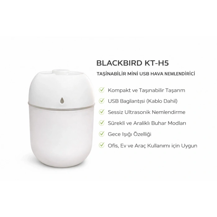 Blackbird KT-H05 Taşınabilir Mini USB Hava Nemlendirici | Araç ve Ofis İçin Renkli Işıklı