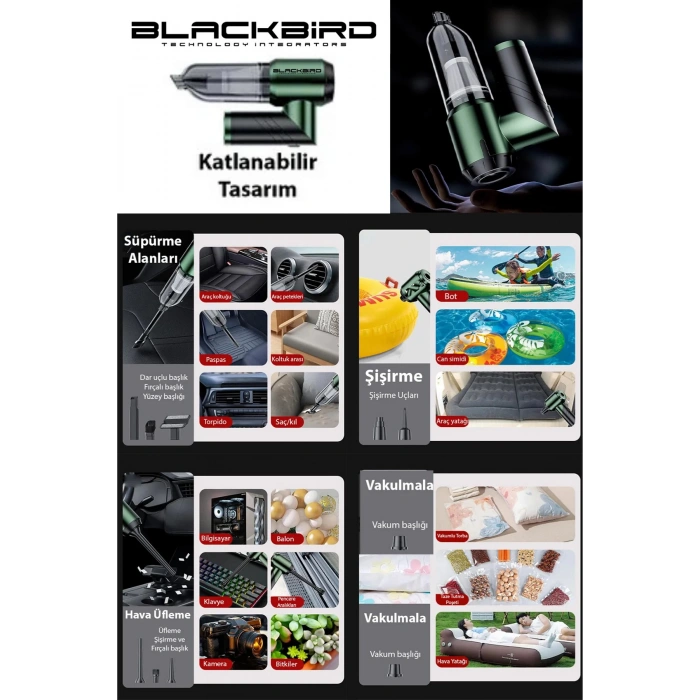 Blackbird MK-5802 16000PA Katlanabilir Kablosuz Araç Süpürgesi | 3 Kademeli Güç | Şarjlı El Süpürgesi