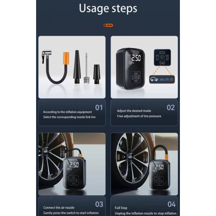 Blackbird WY-006 Taşınabilir Akıllı Kablosuz Hava Kompresörü - Dijital Ekranlı Şarj Edilebilir Lastik Şişirme Pompası (150 PSI)