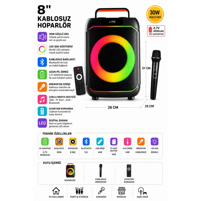 Blic BLS-80 30W Kablosuz Bluetooth Hoparlör  8 İnc LED Işıklı Karaoke  Parti Hoparlörü