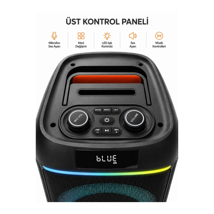 Blic BLS-80 30W Kablosuz Bluetooth Hoparlör  8 İnc LED Işıklı Karaoke  Parti Hoparlörü