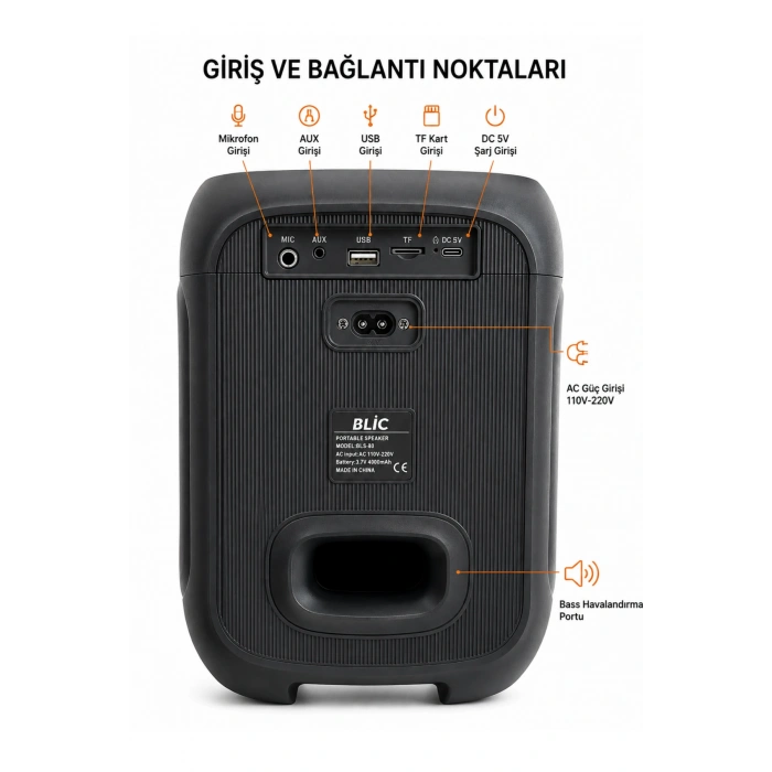 Blic BLS-80 30W Kablosuz Bluetooth Hoparlör  8 İnc LED Işıklı Karaoke  Parti Hoparlörü